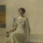 "Thomas Wilmer Dewing, Lady with a Mask, 1911, oil on canvas, overall: 56.2 × 61.3 cm (22 1/8 × 24 1/8 in.)
framed: 91.4 × 96.8 × 8.3 cm (36 × 38 1/8 × 3 1/4 in.), Corcoran Collection (Museum Purchase), 2014.79.16"
