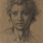Andrea del Sarto (Florentine, 1486 - 1530), Head of Saint John the Baptist, c. 1523, black chalk on paper laid down on panel, Woodner Collection 1991.182.14