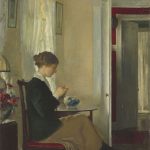 "Edmund Tarbell, Josephine Knitting, 1916, oil on canvas, overall: 66.68 × 51.44 cm (26 1/4 × 20 1/4 in.)
framed: 87.63 × 72.71 × 6.99 cm (34 1/2 × 28 5/8 × 2 3/4 in.), Corcoran Collection (Bequest of George M. Oyster, Jr.), 2014.136.18"